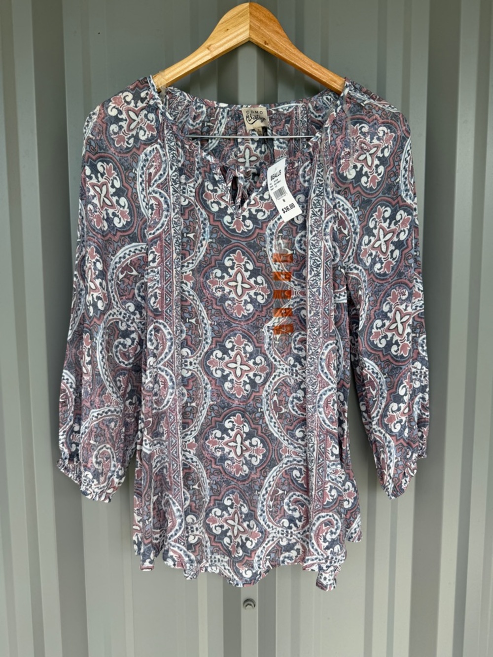 NWT Como Vintage Paisley Boho Tunic Blouse Top Size Medium 3/4 Sleeve